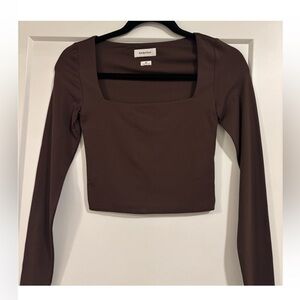 Aritzia Babaton Contour Square Neck Chocolate Mocha Brown Long Sleeve Crop Top S